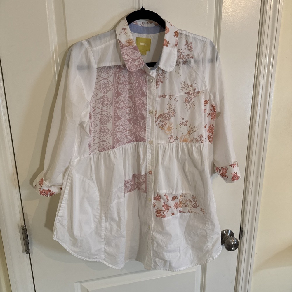 Anthropologie Maeve Women's Tunic Top 3/4 Sleeve Floral Patchwork White Medium